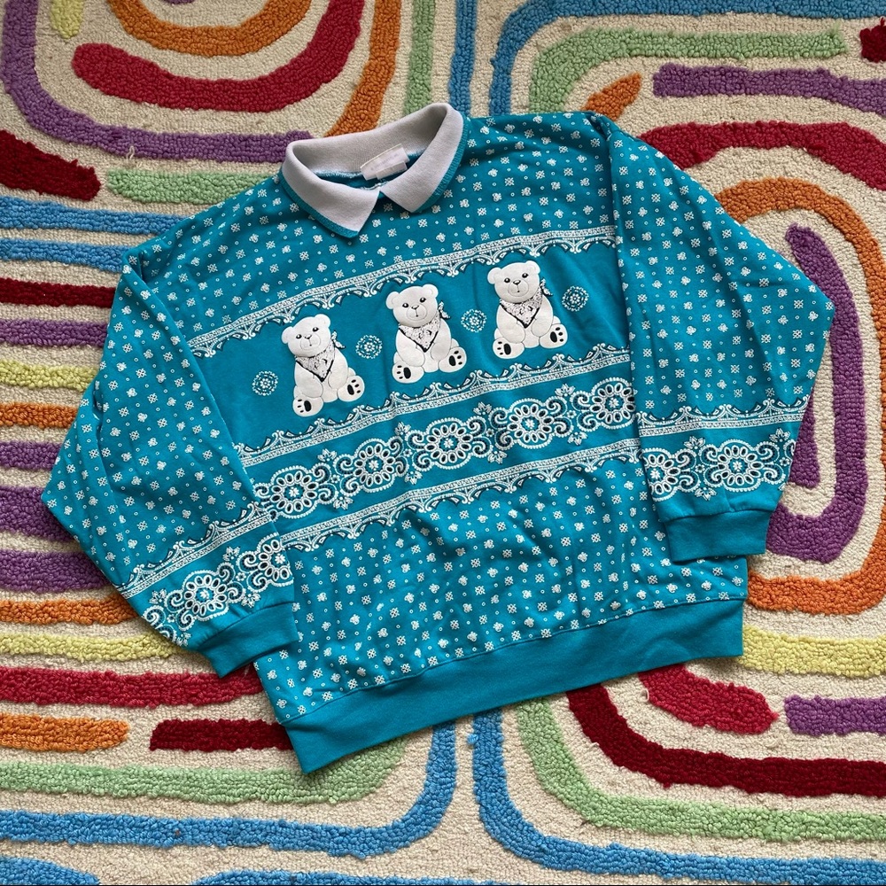 VTG Spumoni by Franko Bandana Teddy Bear All Over Print Collared Sweatshirt - Picture 1 of 5